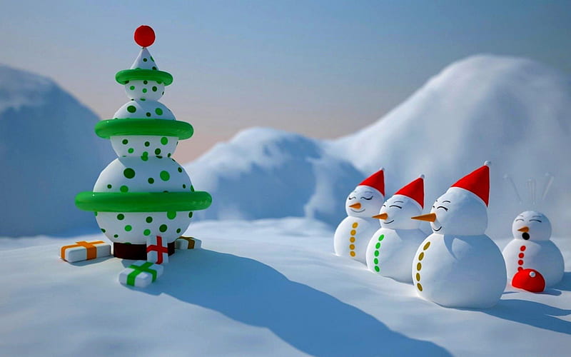 MERRY CHRISTMAS, Christmas tree, holiday, snow, Snowman, presents, figures, HD wallpaper