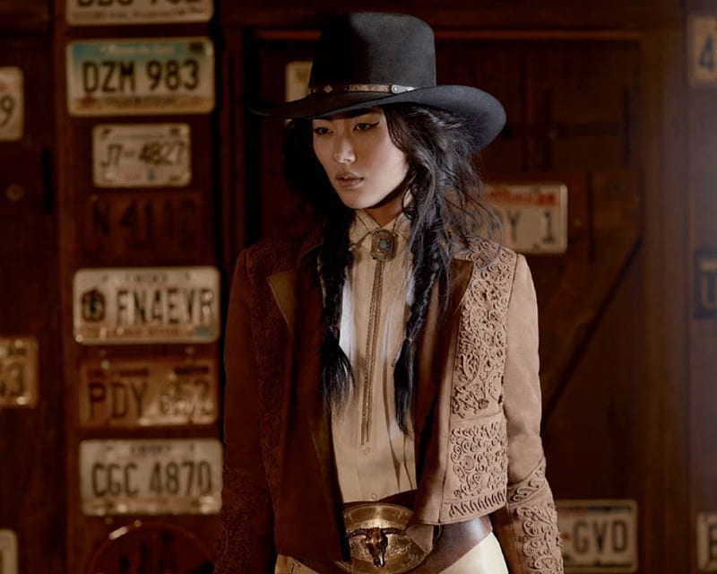 Cowgirl~Liu Wen, license plates, Liu Wen, cowgirl, hat, HD wallpaper