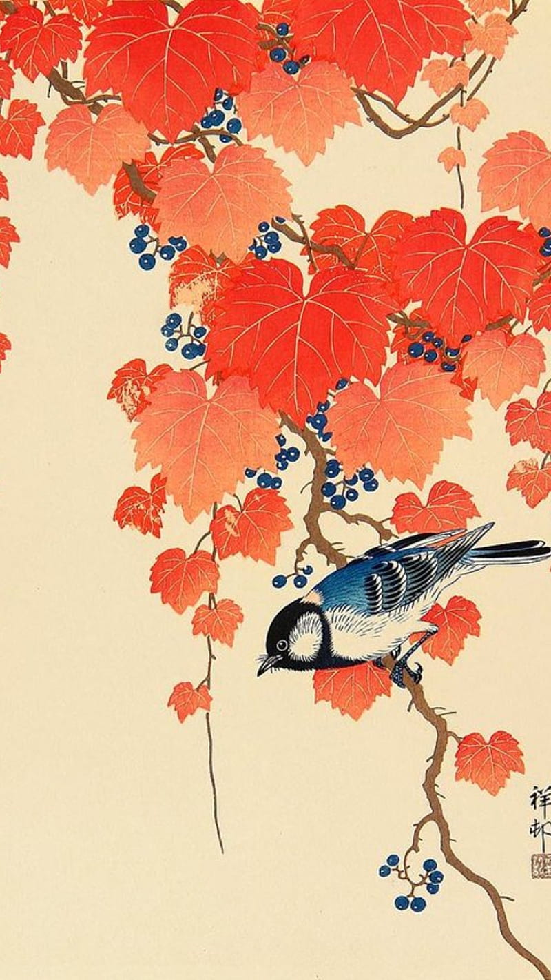 Japan art, artwork, asia, bird, drawing, leaves, nature, oriental, painting, HD phone wallpaper