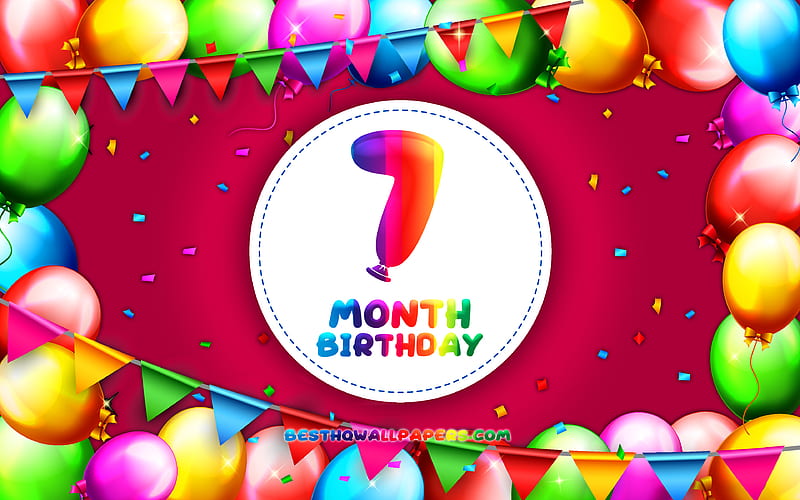 Happy 7th Month birtay colorful balloon frame, 7 month of my little girl, purple background, Happy 7 Month Birtay, creative, 7th Month Birtay, Birtay concept, 7 Month Daughter birtay, HD wallpaper