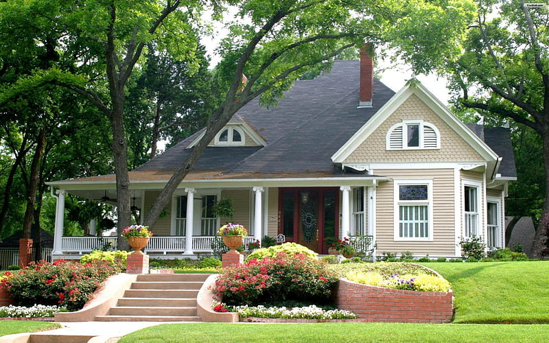 Beautiful House, Trees, stone steps, flowers, padio, lawn, nice door, HD wallpaper