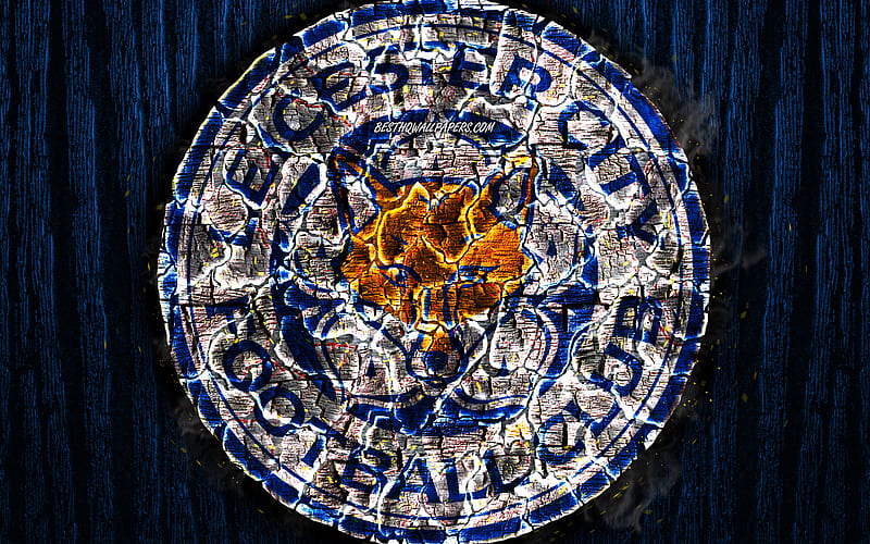 Leicester City FC, scorched logo, Premier League, blue wooden background, english football club, grunge, LCFC, football, soccer, Leicester City logo, fire texture, England, HD wallpaper