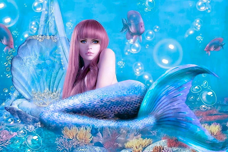 Blue Mermaid, pretty, fish, redhead, Mermaid, tail, ocean, sea, magucal,  bubbles, HD wallpaper | Peakpx