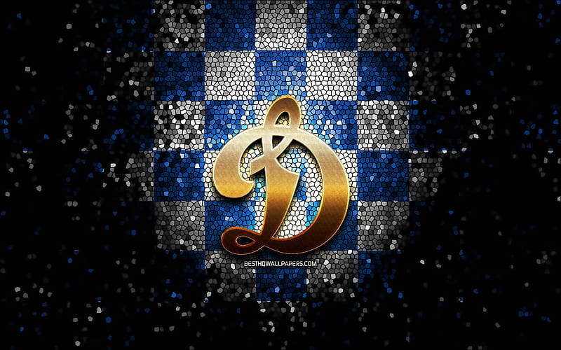 HC Dynamo Moscow, glitter logo, KHL, blue white checkered background, hockey, Kontinental Hockey League, HC Dynamo Moscow logo, mosaic art, russian hockey team, HD wallpaper