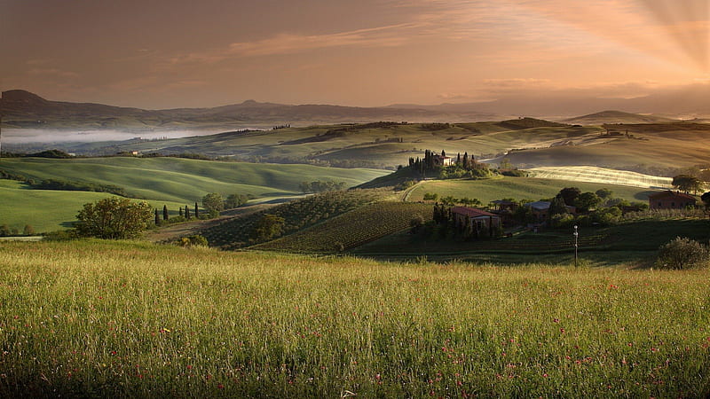 magnificent rural tuscan landscape, farms, hills, clouds, field, HD wallpaper