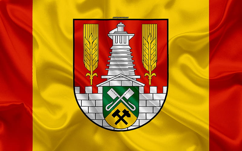 Flag of Salzgitter silk texture, yellow red silk flag, coat of arms, German city, Salzgitter, Lower Saxony, Germany, symbols, HD wallpaper