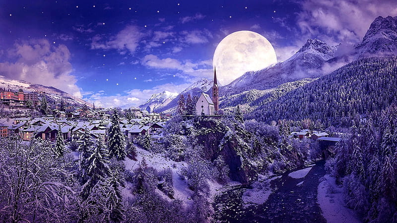 Snowy Winter Season, night sky, moon, snow, village, nature, landscape, winter, forest, church, mountains, HD wallpaper