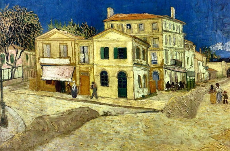 Yellow House at Arles, architecture, art, house, yellow, artwork, Vincent Van Gogh, Arles, painting, wide screen, scenery, oldmaster, landscape, HD wallpaper