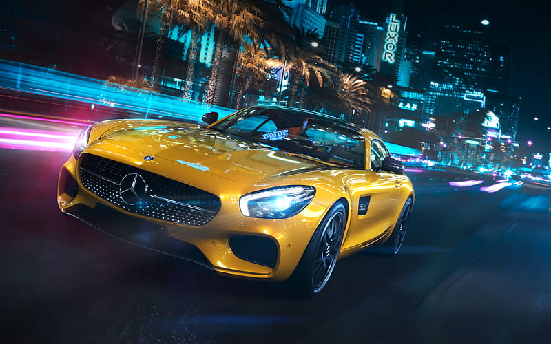 Mercedes-Benz AMG GT, night, street, 2018 cars, supercars, yellow mercedes, german cars, Mercedes, HD wallpaper