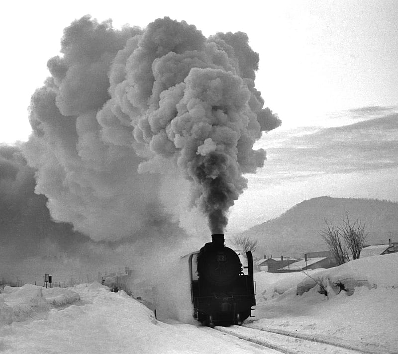 Train in Snow, black, white, HD wallpaper