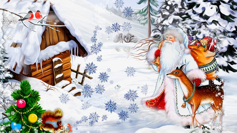 Saint Nick at the Door, Father Christmas, Santa Claus, snow flakes ...