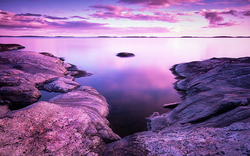 Sunset Scenery Rocks Lake Purple Sky, HD wallpaper