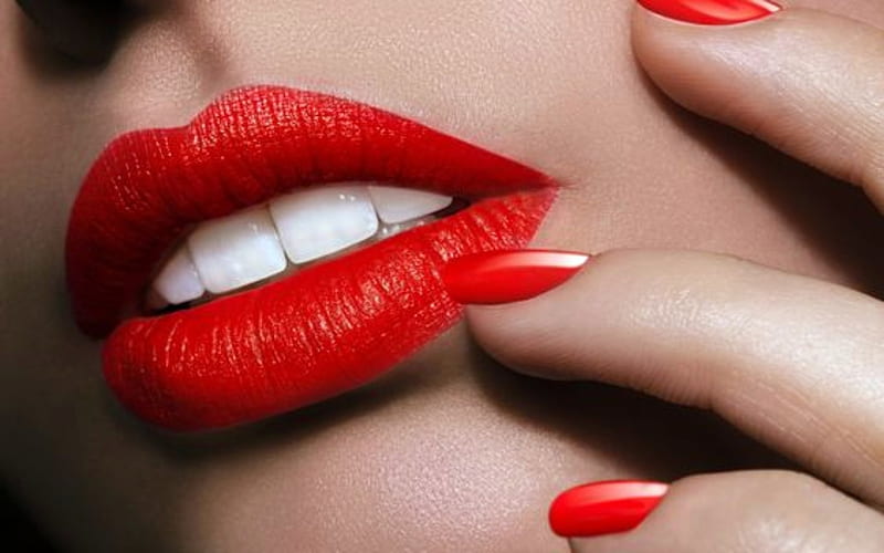 Red Combo, Nails, Red, Mouth, Lips, Lipstick, Teeth, HD wallpaper