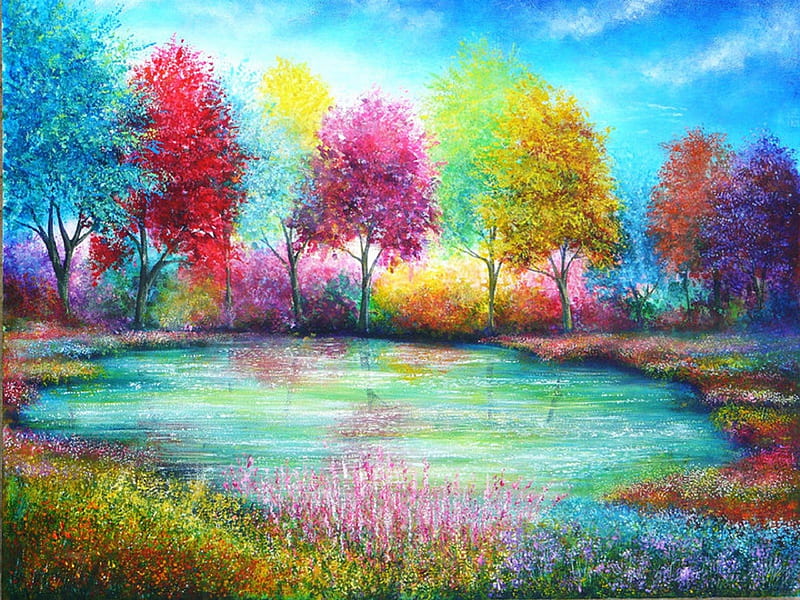 'Heaven Pond', stunning, draw and paint, grass, attractions in dreams, bonito, most ed, paintings, landscapes, heaven, flowers, scenery, traditional art, love four seasons, creative pre-made, sky, trees, pond, nature, HD wallpaper