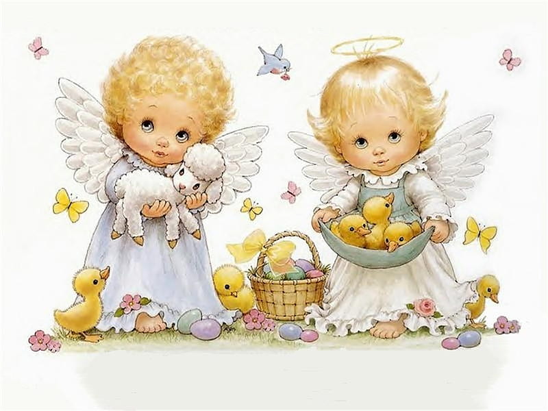 Cute Easter, easter eggs, bird, basket, ducklings, angels, HD wallpaper