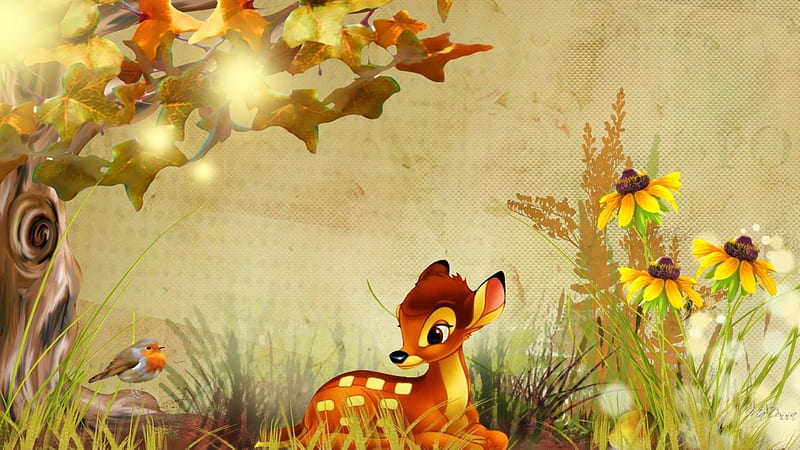 Bambi, sunflower, tree, light, HD wallpaper