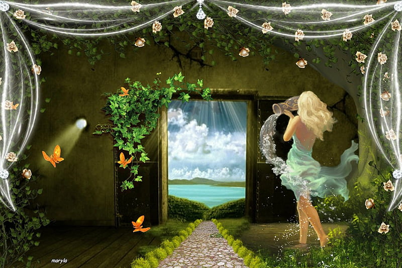 fantasy door, window, curtains, pitcher, vase, blinds, butterflies, roses, trees, bushes, door, water, girl, flowers, nature, road, HD wallpaper