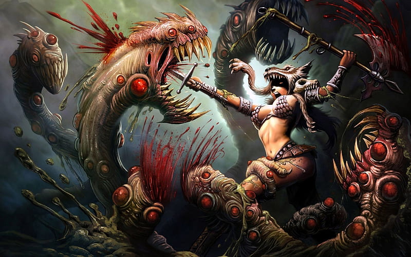 Beast Warrioress, monsters, warriors, fantasy, 3d, cg, weaponry, HD wallpaper