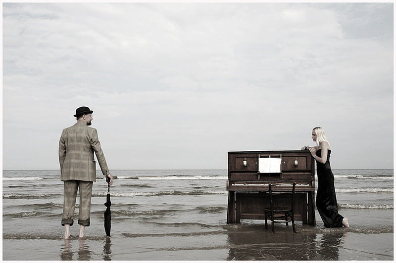 The Pianist, pianist, man, woman, sea, piano, HD wallpaper