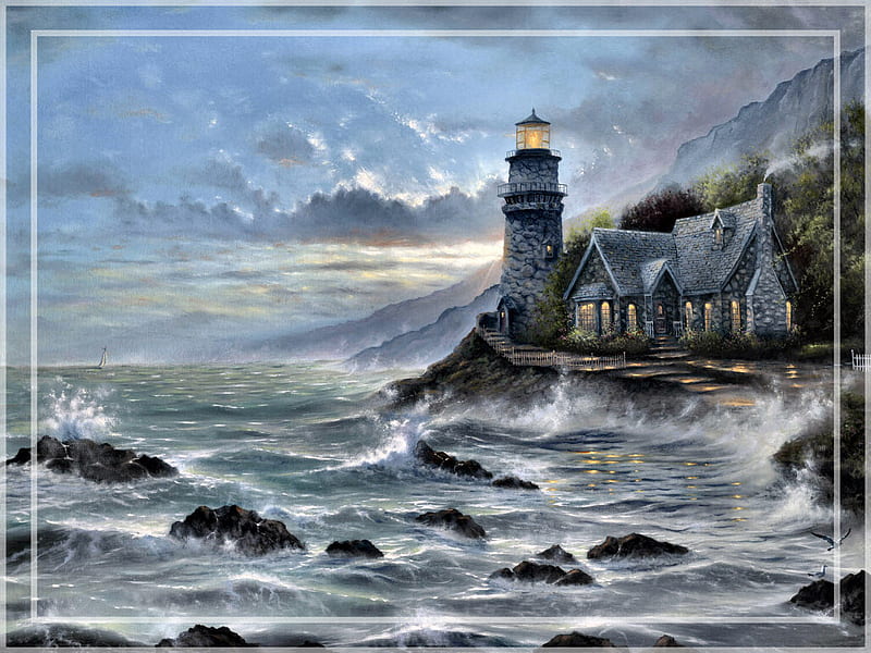 Evening Light F5Cmp, art, finale, ocean, surf, clouds, artwork, lighthouse, sea, robert finale, seashore, skyline, painting, scenery, landscape, HD wallpaper