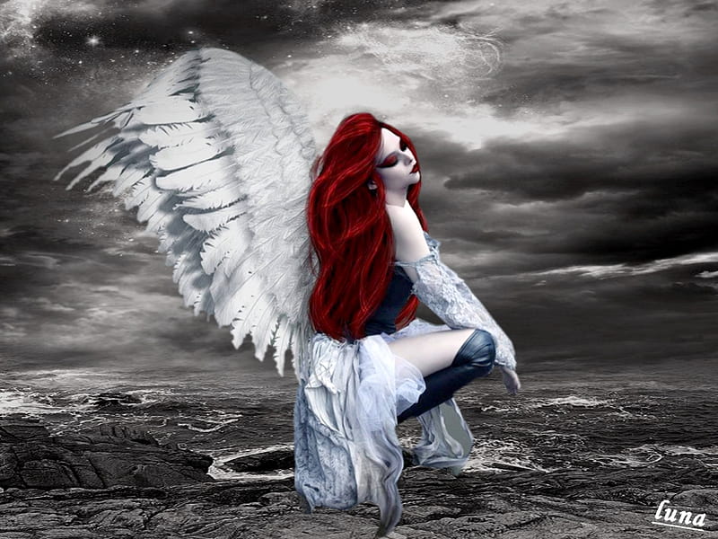 ANGEL, WINGS, FEMALE, WHITE, HAIR, RED, HD wallpaper | Peakpx