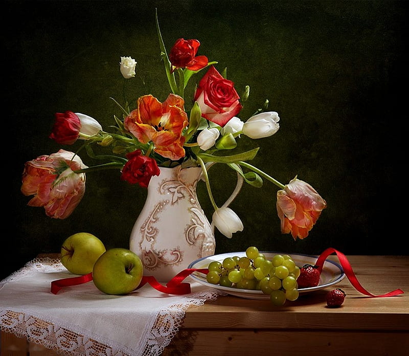 Still Life, grapes, bouquet, apples, painting, blossoms, vase, artwork, tulipa, HD wallpaper