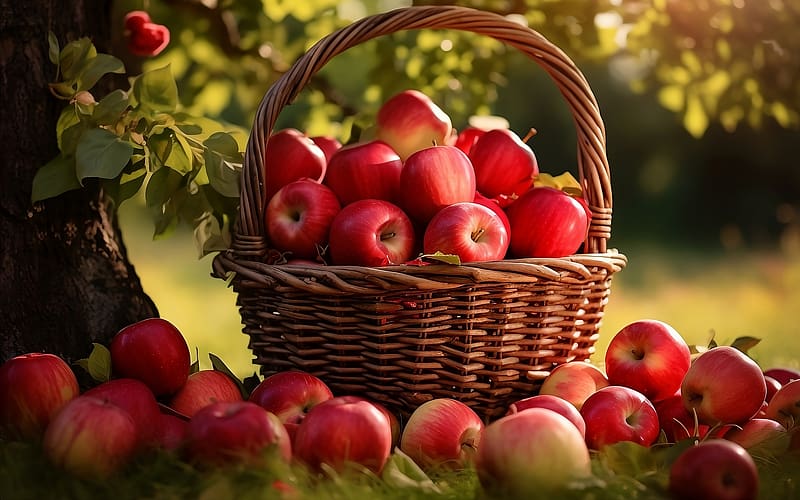 Apples in Basket, basket, leaves, apples, tree, HD wallpaper | Peakpx