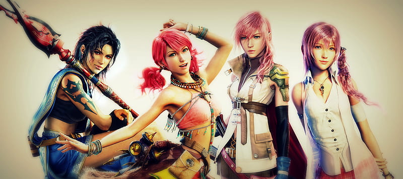 The Ladies from Final Fantasy XIII, cg, vanille, serah farron, game, anime, oerba yun fang, final fantasy, weapon, realistic, long hair, serah, oerba dia vanille, lightning, characters, games, video games, video game, ff13, bonito, square enix, final fantasy series, ffxiii, final fantasy xiii, lightning farron, girls, black hair, claire, claire farron, females, fang, plain background, pink hair, final fantasy 13, HD wallpaper