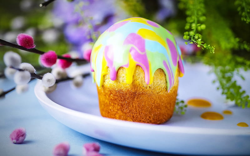 Easter cake, spring, willow branches, Happy Easter, pastries, HD wallpaper