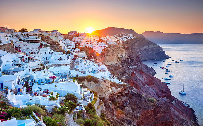 Santorini, Aegean Sea, Oia, Volcanic island, morning, sunrise, seascape, romantic place, white houses, Greece, HD wallpaper