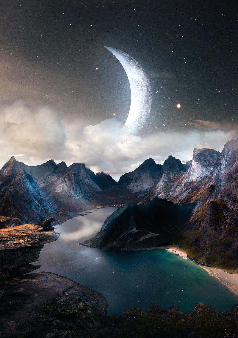 mountains, river, landscape, fantastic, moon, man, rocks, HD phone wallpaper