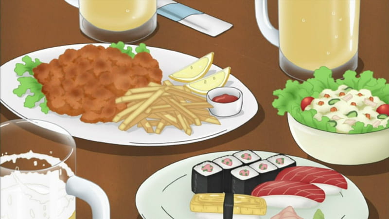 ♡ Food ♡, vegetabel, pretty, item, object, hungry, sushi, objects, bonito, sweet, nice, yummy, anime, french fries, beauty, meat, delicious, lovely, food, items, anime food, cute, kawaii, plate, HD wallpaper