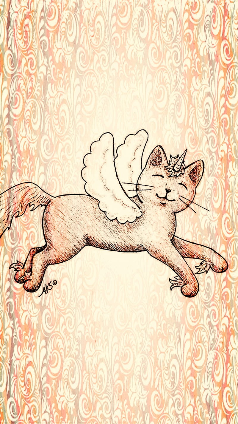 Winged Unicorn Cat, animals, anime, art, cat, cute, fantasy, feline, fun, kitty, pattern, HD phone wallpaper