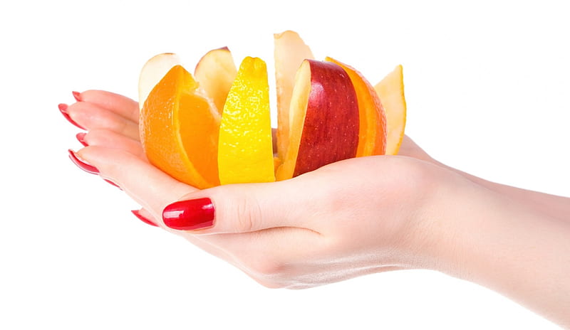 Colorful slices of fruits, apple, red, orange, yellow, woman, lemon, fruit, hand, slice, HD wallpaper
