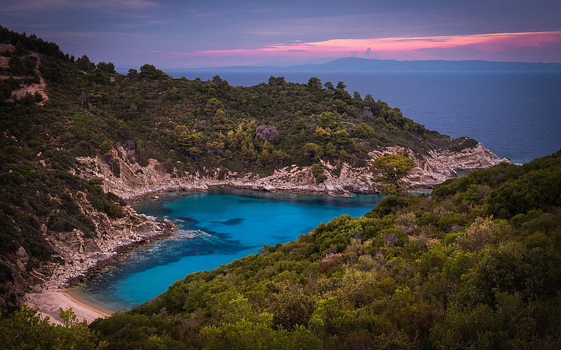 Mediterranean Sea, beautiful bay, sunset, evening, heart shaped bay, romantic places, greek island, Greece, HD wallpaper