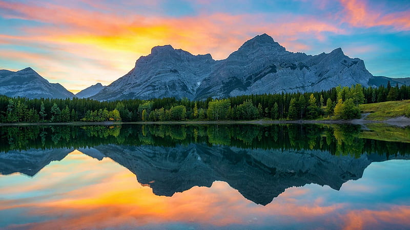 Wedge Pond, Kananaskis, Alberta, clouds, colors, sky, canada, water, mountains, rocks, reflections, HD wallpaper