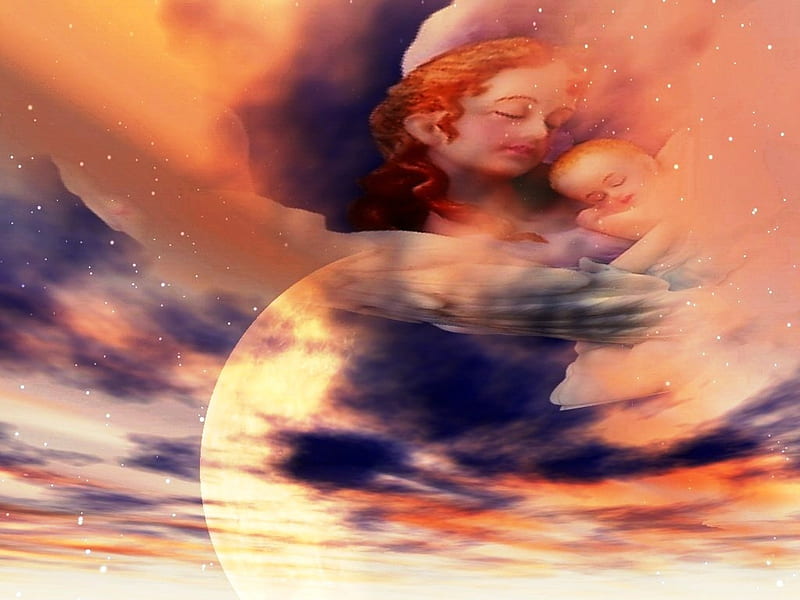 Looking Down from Heaven, heaven, child, mother, space, HD wallpaper