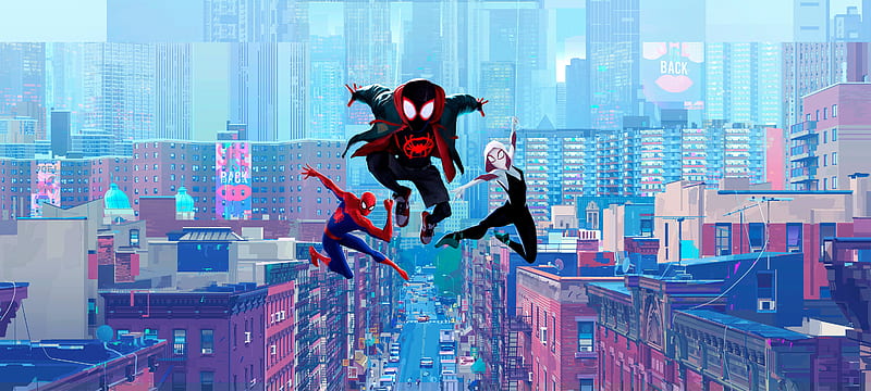miles morales, gwen, animation, jumping, buildings, spider-man: into the spider-verse, Movies, HD wallpaper