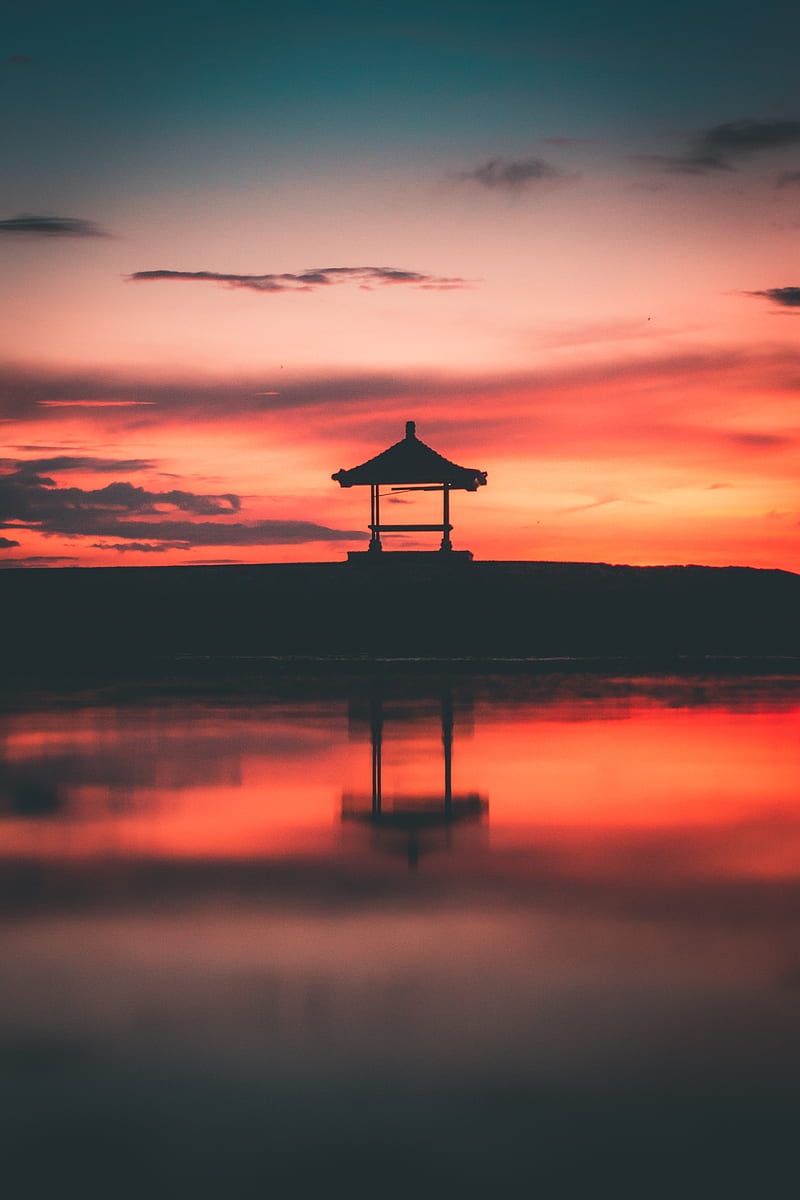 gazebo, silhouette, sunset, water, reflection, HD phone wallpaper