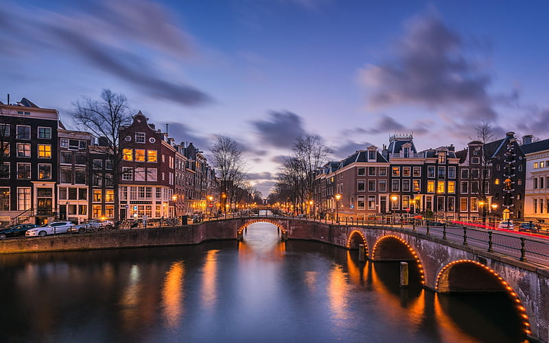Amsterdam, evening, city lights, canal, bridge, Holland, Netherlands, HD wallpaper