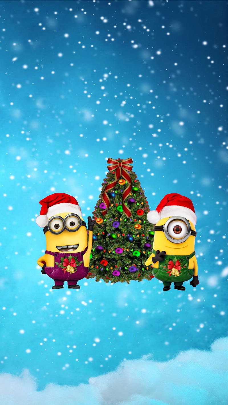 Christmas Minions 3, cartoons, christmas tree, tree, HD phone wallpaper