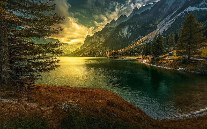 Austrian Alps, Lake Gosau, sunset, mountains, Alps, Austria, Europe, HD wallpaper