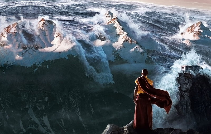 2012 movie tidal waves, monje, movie, tsunami, 2012, roland, waves, monk, tidal, himalaya, emmerich, HD wallpaper