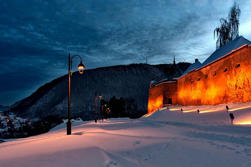 Winter, lanterns, town, winter time, snowy, lights, splendor, snow, mountains, nature, HD wallpaper