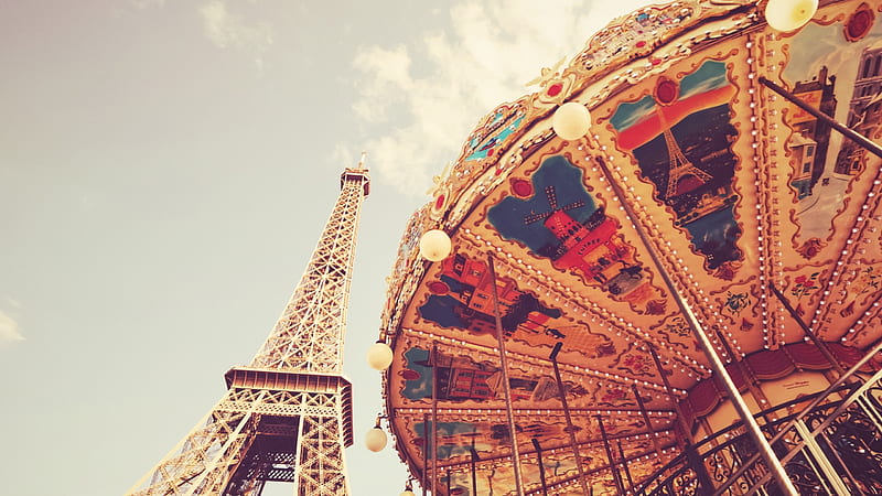 Eiffel Tower and carousel, eiffel tower, carousel, france, view from down, paris, eifel tower, HD wallpaper