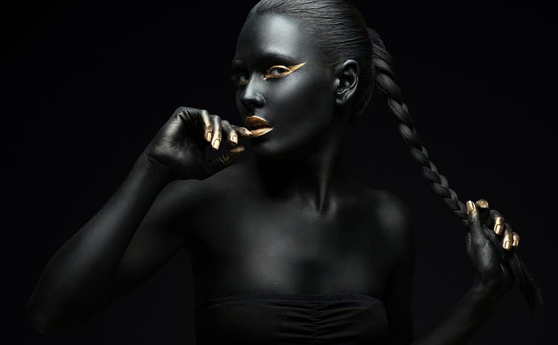Black beauty, girl, model, golden, black, beauty, make-up, woman, HD wallpaper