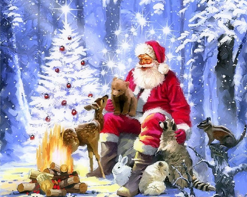 Santa's Campfire, Christmas, holidays, Christmas Tree, love four seasons, campfire, attractions in dreams, santa claus, xmas and new year, winter, paintings, snow, winter holidays, forests, animals, HD wallpaper