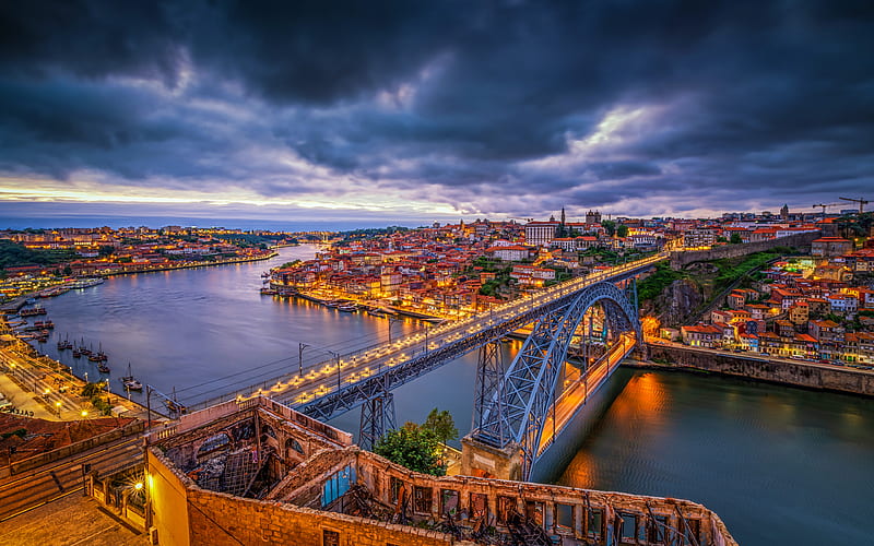 Porto nightscapes, skyline cityscapes, portuguese cities, Portugal, Europe, bridges, Porto at night, HD wallpaper