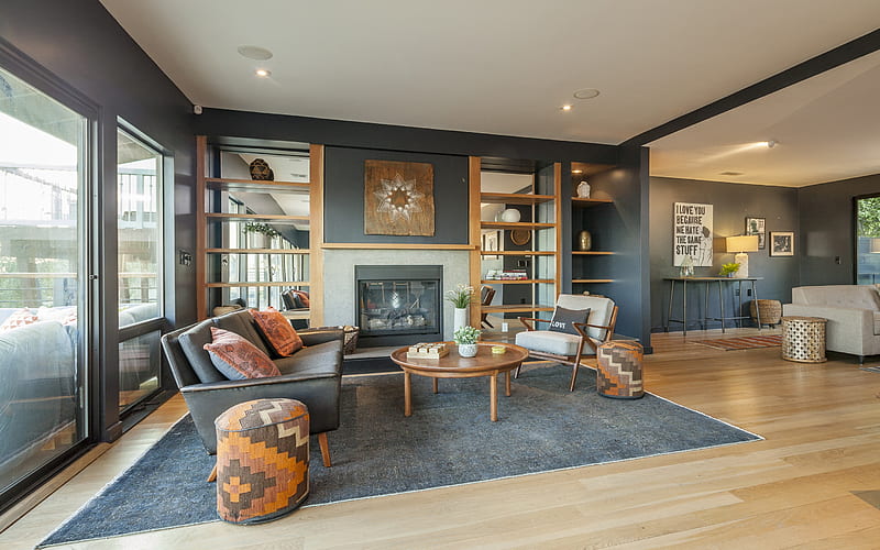 stylish gray living room, modern interior design, living room, gray walls, fireplace in the living room, HD wallpaper