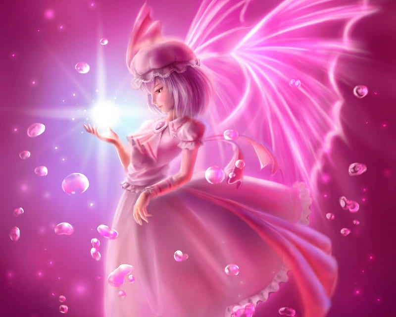 Pink Magic, pretty, glow, cg, bonito, magic, wing, remilia scarlet, sweet, nice, fantasy, anime, touhou, bubbles, beauty, anime girl, realistic, pink, light, fairy, female, wings, lovely, angel, water, 3d, girl, HD wallpaper